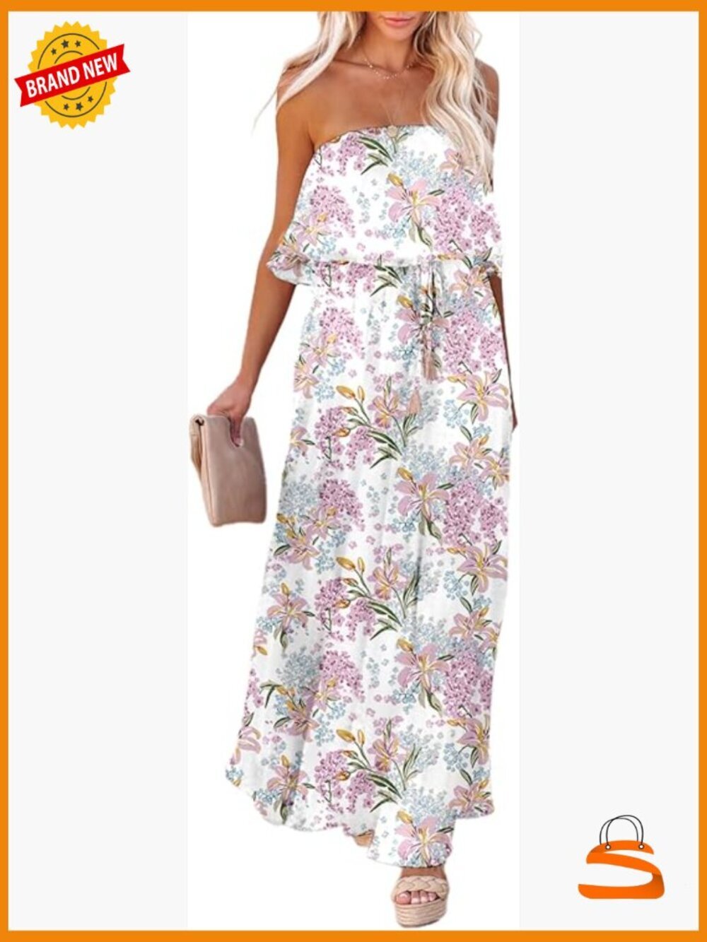 Strapless High Waist Side Split Flowy Maxi Dress Summer Boho